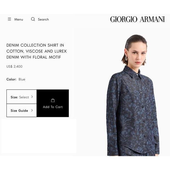 Giorgio Armani Denim Chambray Shirt Floral Lurex Blue/Gold IT 46 (US 10) - Picture 13 of 14
